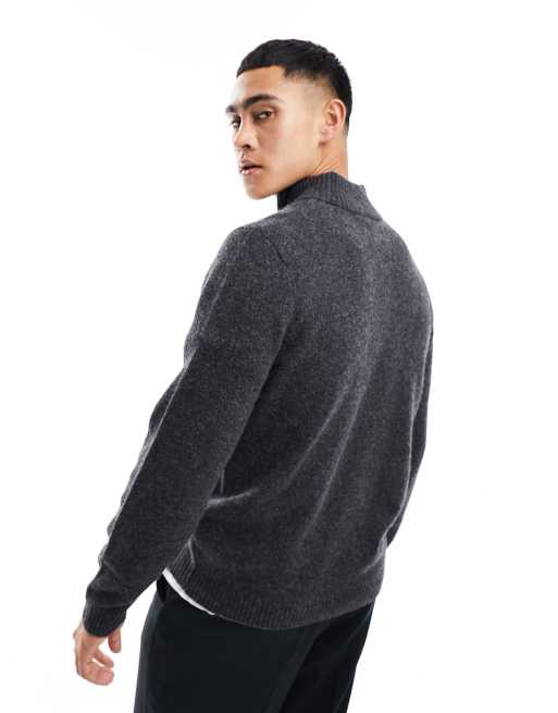 ASOS DESIGN - Gebreide lamswollen trui met 1/4 rits in antraciet, 3 van 4