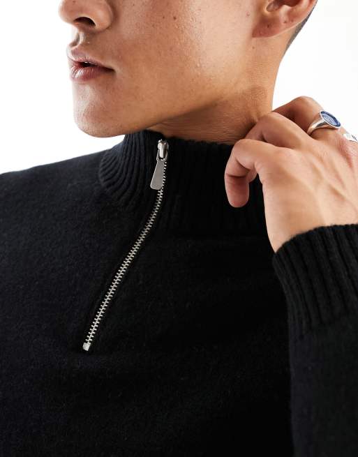 ASOS DESIGN - Gebreide lamswollen trui met 1/4 rits in zwart, 3 van 4