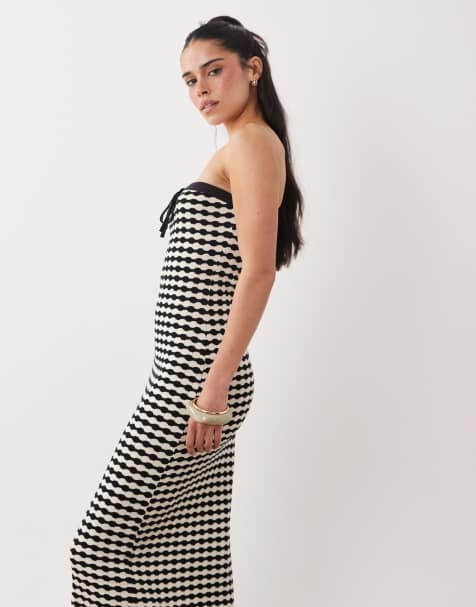 ASOS DESIGN - Gebreide maxi bandeau-jurk van jersey in zwart-witte gingham ruit - view 1