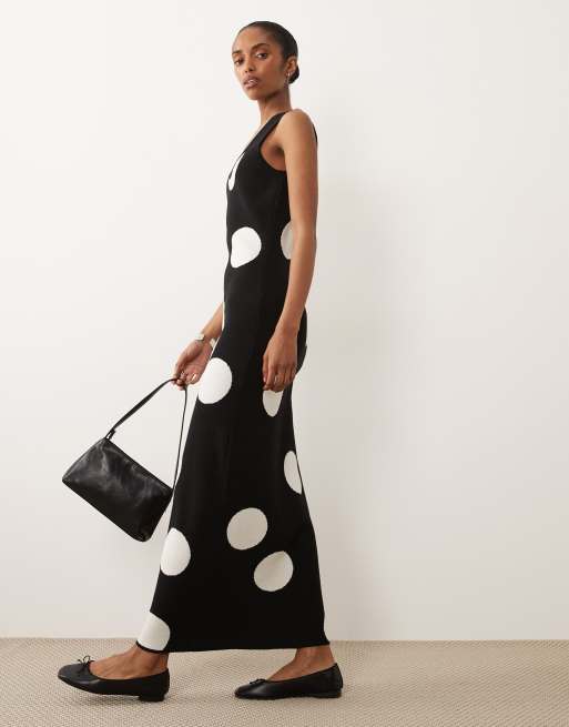 ASOS DESIGN gebreide maxi jurk in zwart met ecru polkadots, 2 van 4