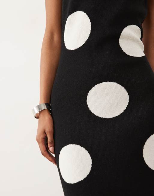 ASOS DESIGN gebreide maxi jurk in zwart met ecru polkadots, 3 van 4