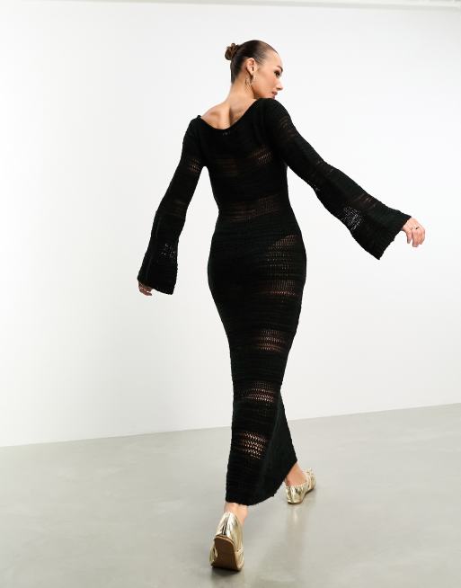 ASOS DESIGN - Gebreide maxi jurk met burn-out strepen in zwart, 4 van 4