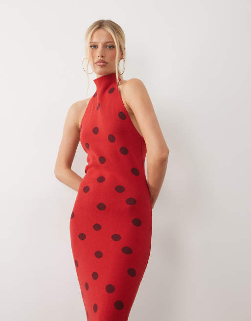 ASOS DESIGN - Gebreide maxi jurk met halternek en stippen in rood, 2 van 4