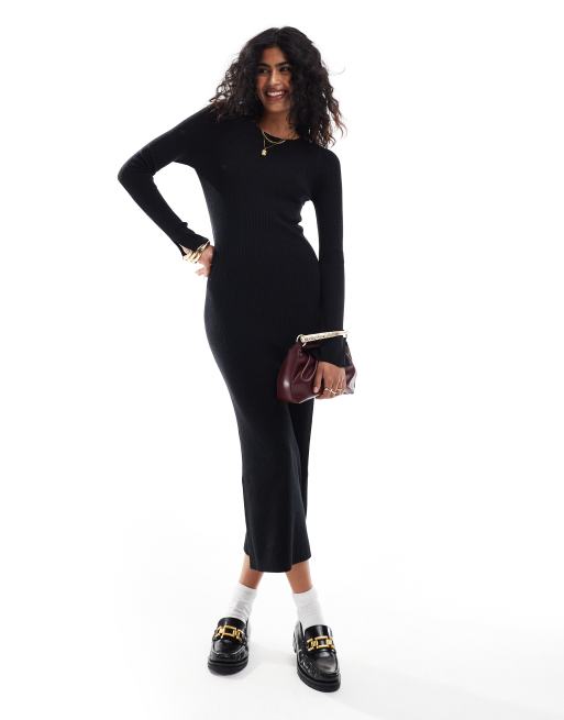 ASOS DESIGN - Gebreide maxi jurk met ronde hals en split in de manchetten in zwart