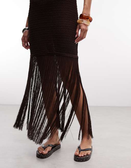 ASOS DESIGN - Gebreide maxi strandjurk met franjes in bruin, 4 van 4