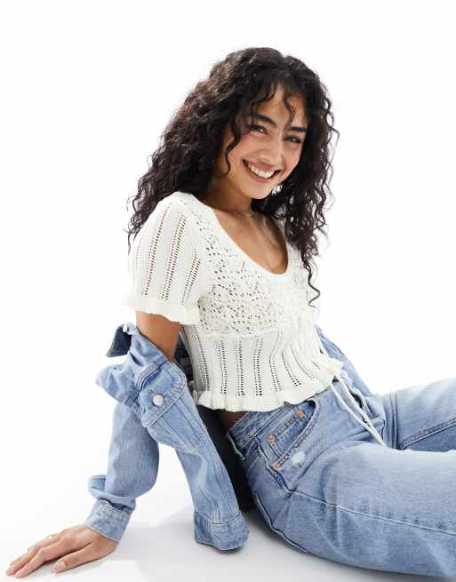 ASOS DESIGN - Gebreide melkmeisjestop met open steken en gestrikte taille in crème