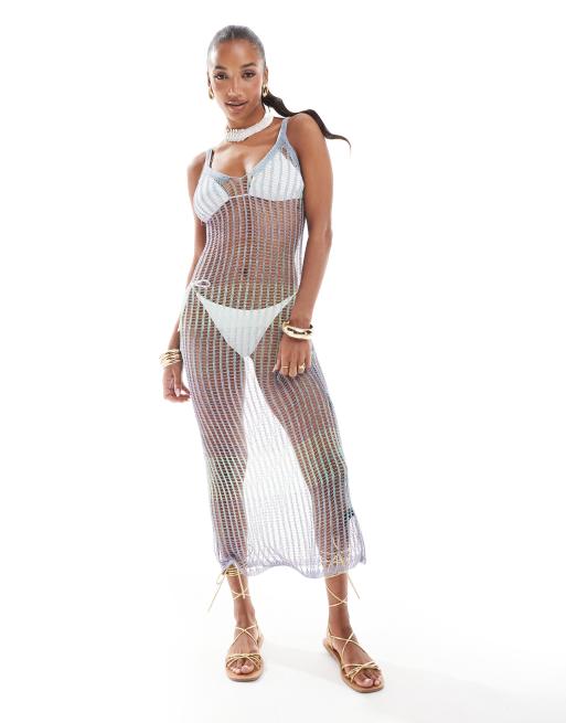 ASOS DESIGN - Gebreide midaxi cami-jurk van metallic garen in blauw met kleurverloop
