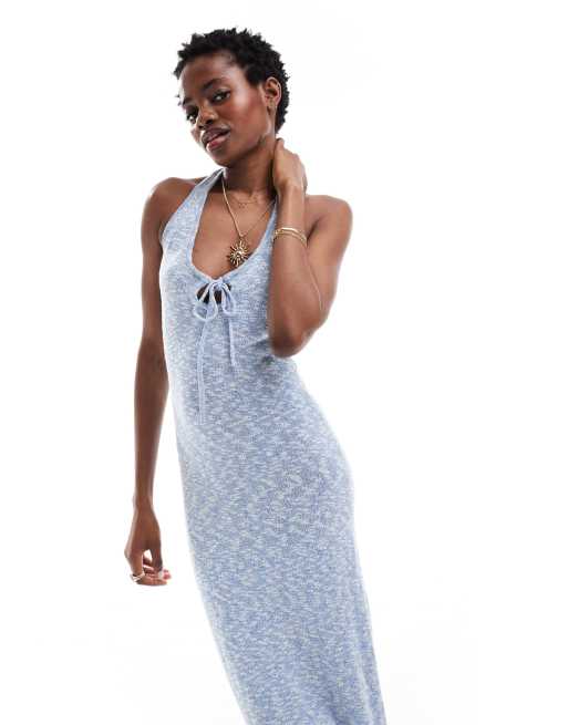 ASOS DESIGN - Gebreide midaxi jurk met contrasterende bies en gestrikte voorkant in blauw