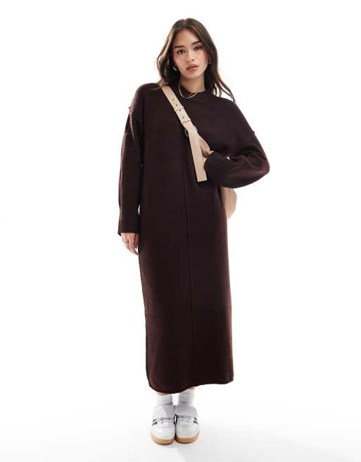 ASOS DESIGN - Gebreide midaxi jurk met naad aan de voorkant in chocoladebruin