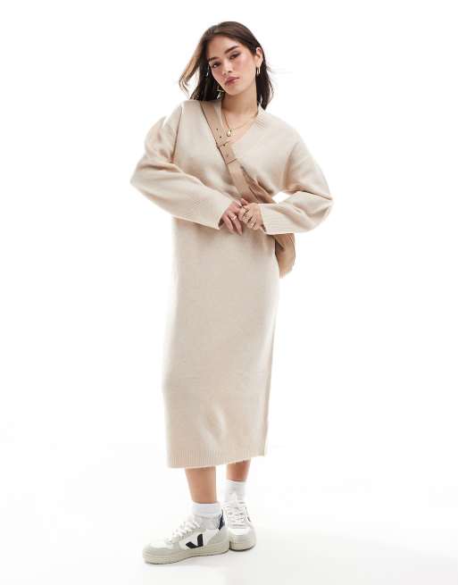ASOS DESIGN - Gebreide midaxi jurk met V-hals in lichtbeige, 2 van 4