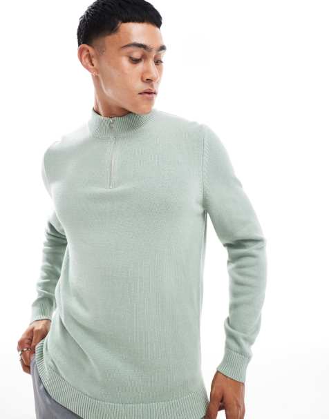 ASOS DESIGN - Gebreide middelzware trui met korte rits aan de hals in saliegroen - view 1