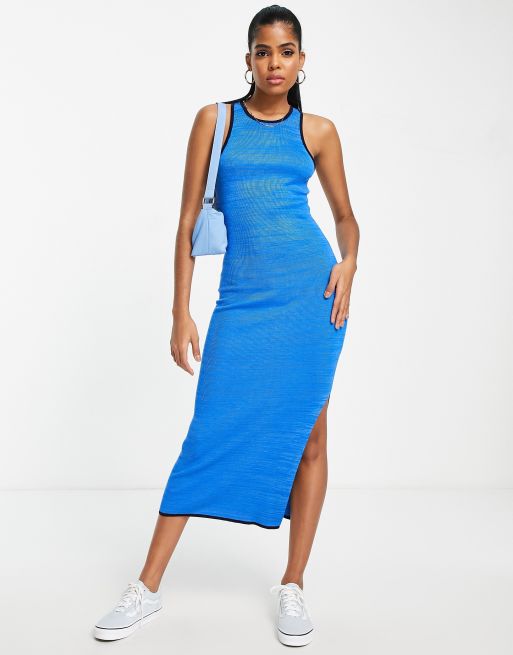 ASOS DESIGN - Gebreide midi jurk in blauwe space-dye met contrasterende  randen | ASOS