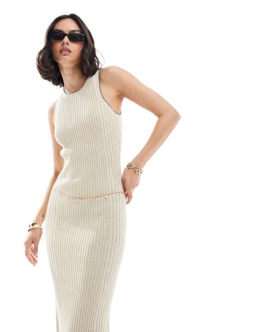 ASOS DESIGN - Gebreide midi jurk met racerhals in stone