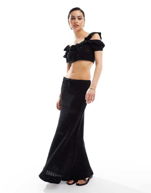ASOS DESIGN - Gebreide midi rok met steken in zwart, deel van co-ord set