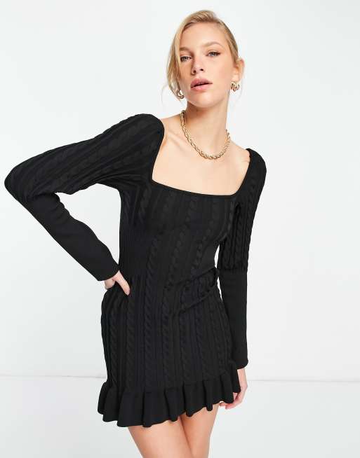 ASOS DESIGN - Gebreide mini-jurk met kabels, lange mouwen, ruches en veters
