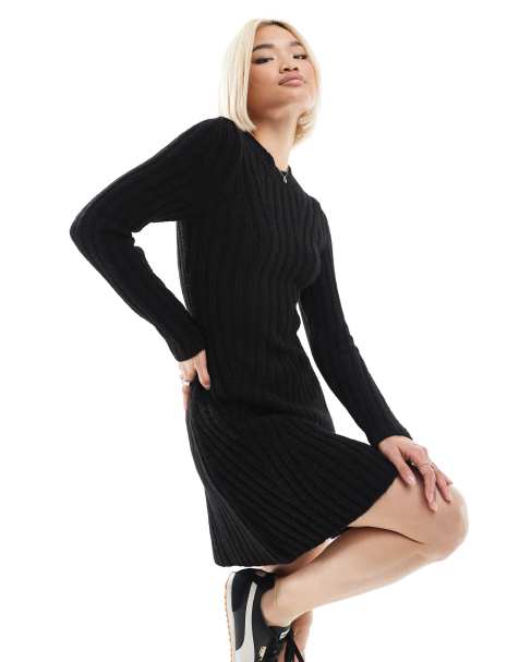 ASOS DESIGN - Gebreide mini jurk met ribdetail in zwart - view 1