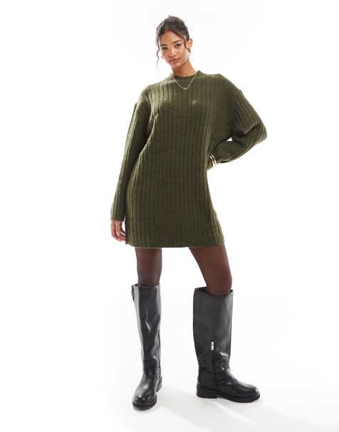 ASOS DESIGN - Gebreide mini jurk met ronde hals en brede ribbels in kaki - view 1