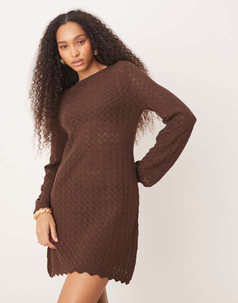 ASOS DESIGN - Gebreide mini jurk met uitlopende mouwen in bruin - view 1