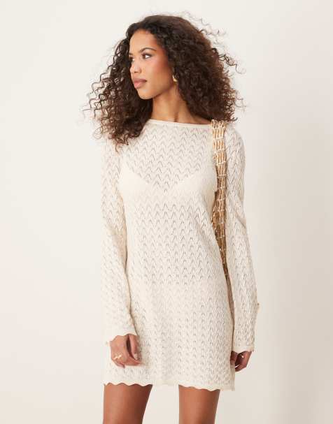 ASOS DESIGN - Gebreide mini jurk met uitlopende mouwen in crème - view 1