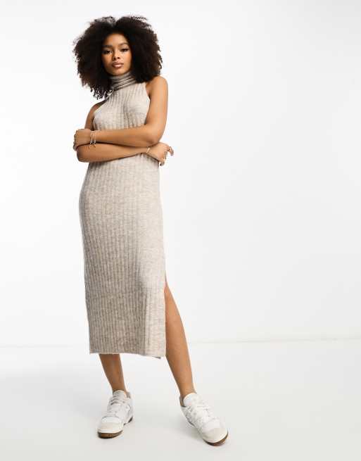 ASOS DESIGN Gebreide mouwloze midi jurk met col in stone deel van co ord set