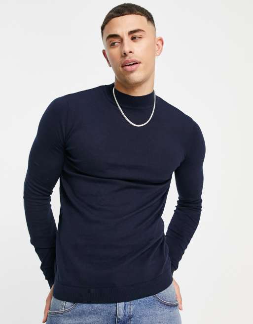 ASOS DESIGN - Gebreide muscle fit coltrui in marineblauw, 3 van 4