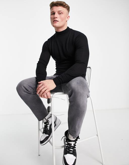 ASOS DESIGN Gebreide muscle fit coltrui in zwart ASOS