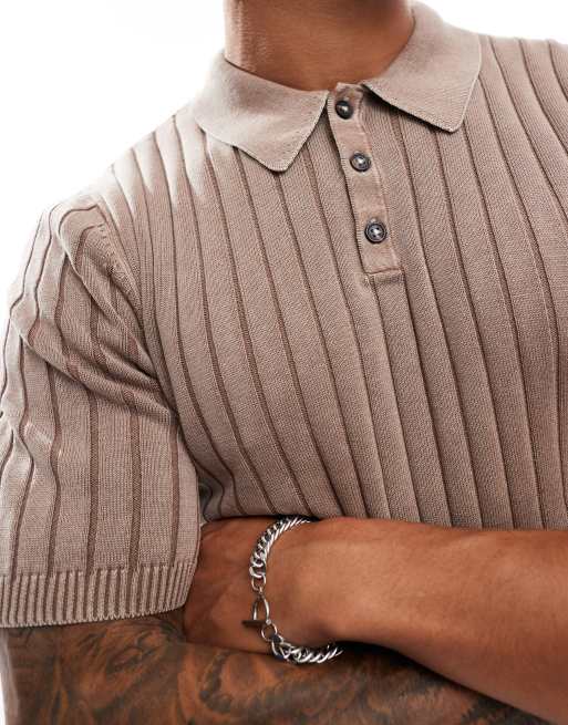 ASOS DESIGN - Gebreide muscle fit polo met brede ribbels in bruin , 4 van 4