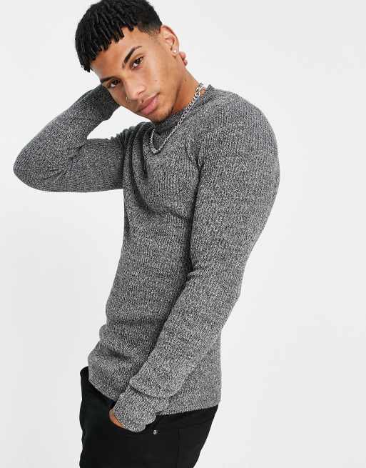 ASOS DESIGN - Gebreide muscle-fit trui met opstaande hals en ribbels in grijs