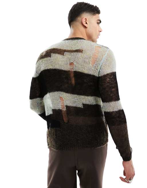 ASOS DESIGN - Gebreide opengewerkte trui van doorschijnend gestreept mesh in zwart, 3 van 4
