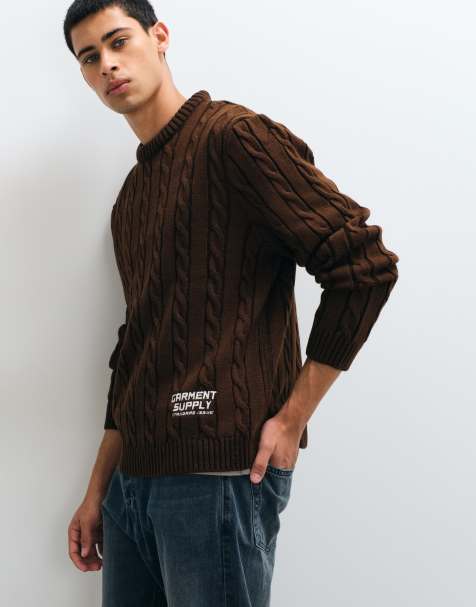 ASOS DESIGN gebreide oversized chunky kabeltrui met borduursel in bruin - view 1
