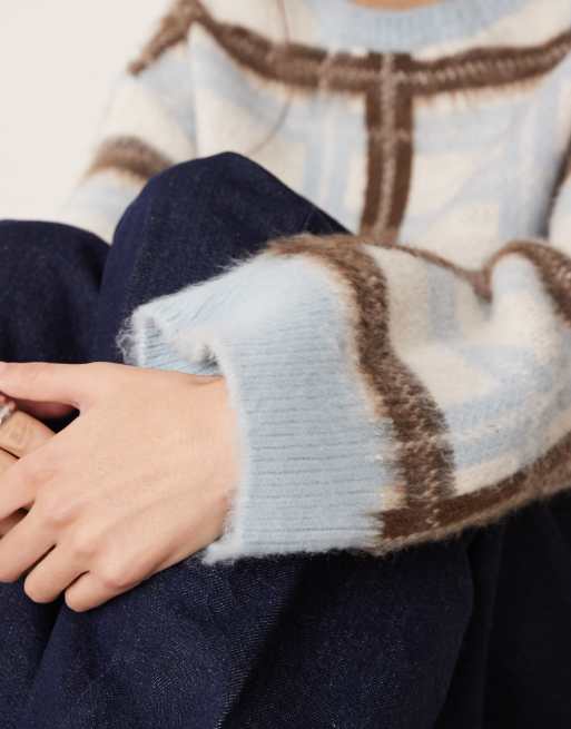 ASOS DESIGN - Gebreide oversized geborstelde trui met ruiten in blauw, 2 van 4
