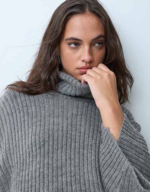 ASOS DESIGN gebreide oversized geribbelde capetop met col in antracietgrijs, 2 van 9