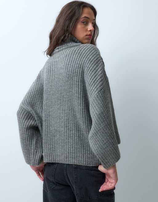 ASOS DESIGN gebreide oversized geribbelde capetop met col in antracietgrijs, 5 van 9
