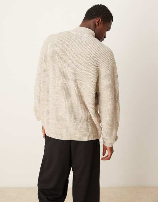 ASOS DESIGN - Gebreide oversized geribbelde visserstrui met rits in gemêleerd lichtbeige, 2 van 4