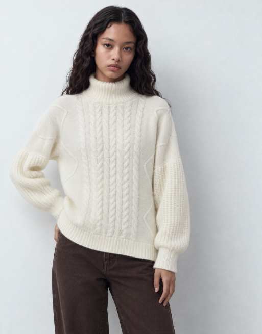 ASOS DESIGN gebreide oversized kabeltrui met opstaande boord in crème, 10 van 10