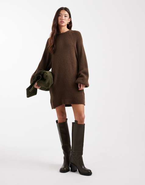 ASOS DESIGN - Gebreide oversized trui-jurk met ballonmouwen in chocoladebruin - view 1