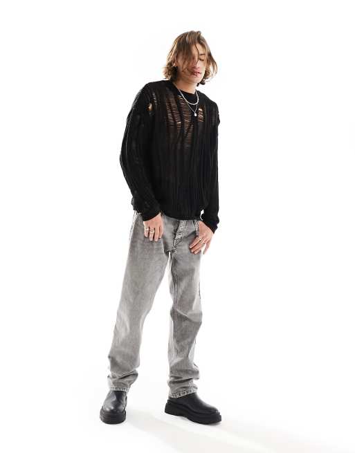 ASOS DESIGN - Gebreide oversized trui met distressed opengewerkt detail in zwart