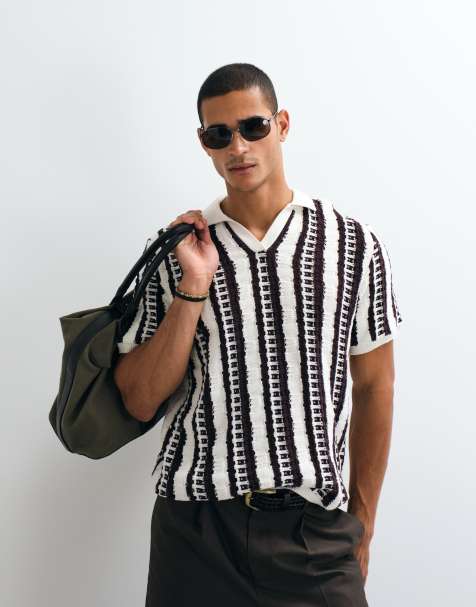 ASOS DESIGN - Gebreide oversized trui met inkeping in de hals en gestreepte textuur in ecru - view 1