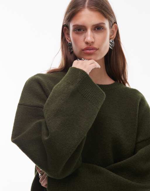 ASOS DESIGN - Gebreide oversized trui met wijde mouwen in kaki, 2 van 4