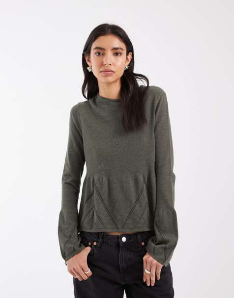 ASOS DESIGN gebreide peplum top met lange mouwen in kaki - view 1