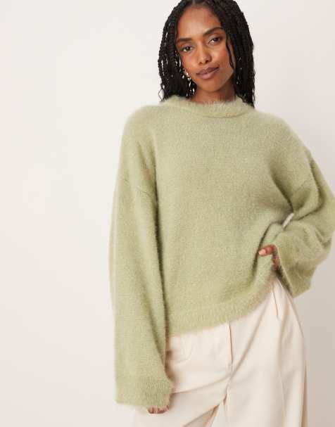 ASOS DESIGN - Gebreide pluizige trui met wijde mouwen in groen - view 1