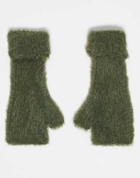 ASOS Design - Gebreide pluizige vingerloze handschoenen in kaki - view 1
