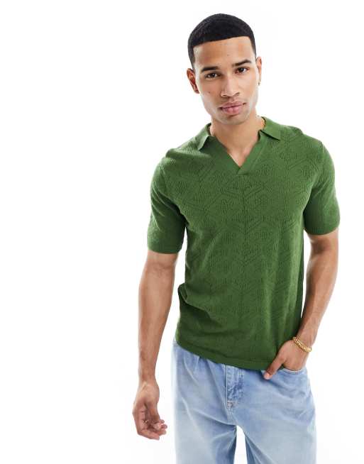 ASOS DESIGN - Gebreide polo met gehaakte textuur en inkeping bij de hals in khaki