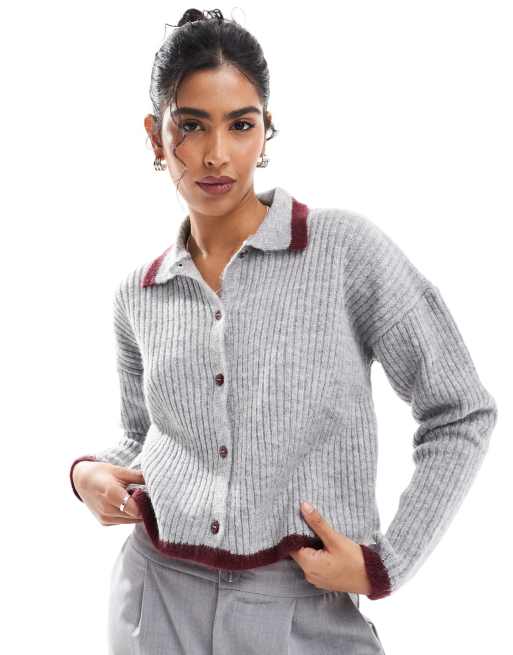 ASOS DESIGN - Gebreide polo met knoopsluiting en contrasterend gekleurd randje in grijs