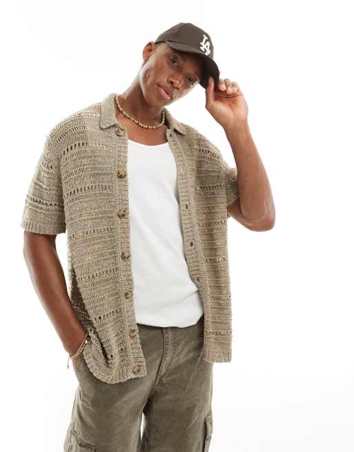 ASOS DESIGN - Gebreide polo met knoopsluiting en textuur in lichtbeige