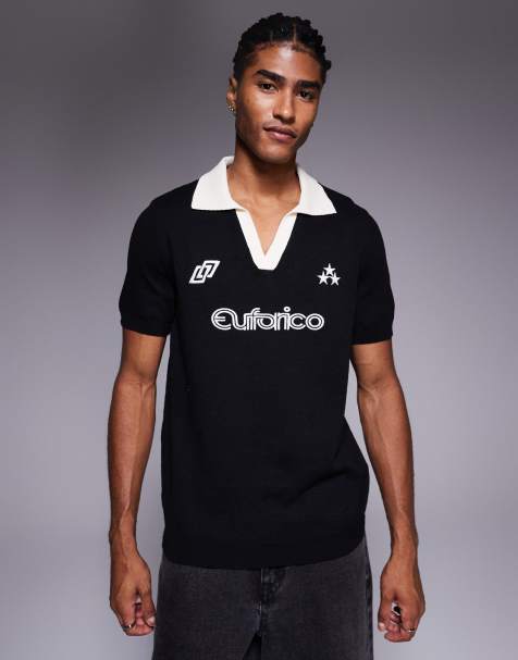 ASOS DESIGN - Gebreide polo met korte mouwen en sportprint in zwart - view 1