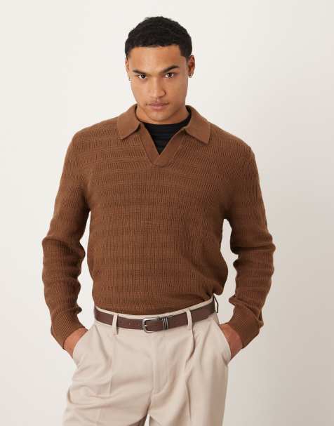 ASOS DESIGN - Gebreide polo met lange mouwen, mandensteek en inkeping in de hals in bruin - view 1