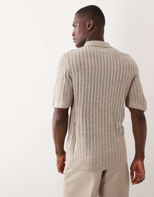 ASOS DESIGN - Gebreide polo met pointelle stiksels en knopen in stone, 5 van 5