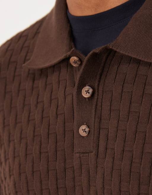 ASOS DESIGN - Gebreide polo met textuur en lange mouwen in bruin, 5 van 5