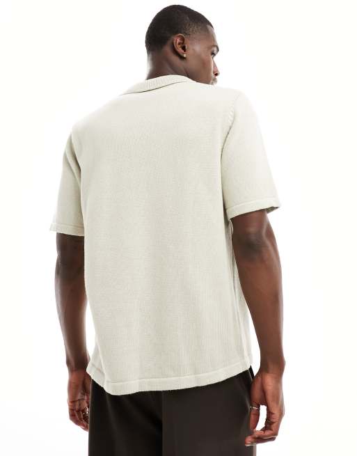 ASOS DESIGN - Gebreide polo van middelzwaar katoen met korte rits in stone, 4 van 4
